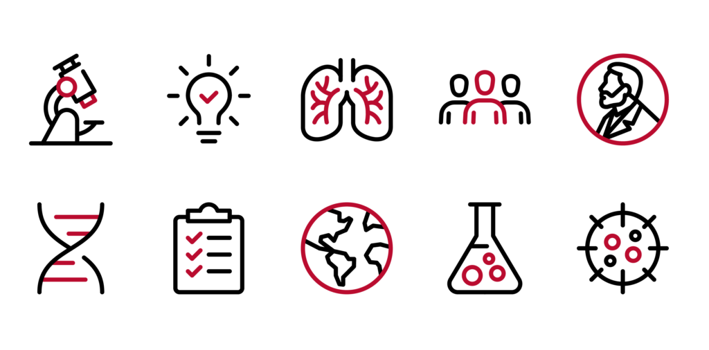 Sample of WashU Medicine icon set. Top row, from left to right: microscope, lightbulb, lungs, trio of people, award medallion. Bottom row, from left to right: DNA helix, clipboard, globe, beaker, virus.