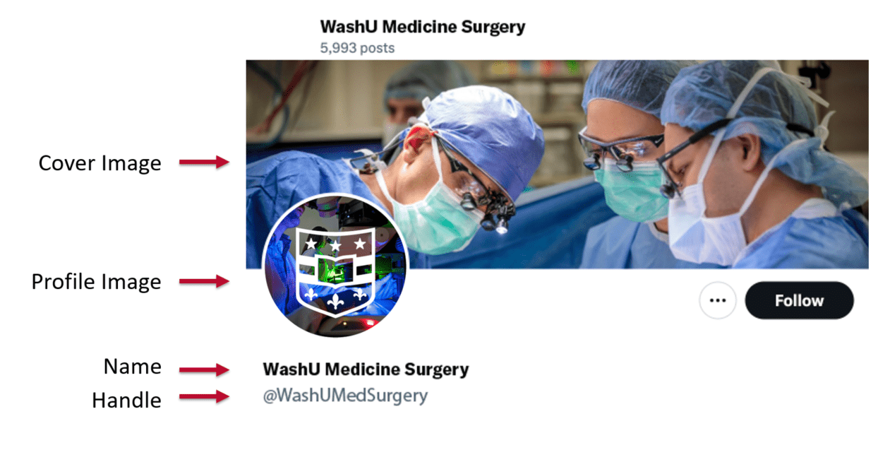 Graphic of an example WashU Medicine social media account highlighting each account element